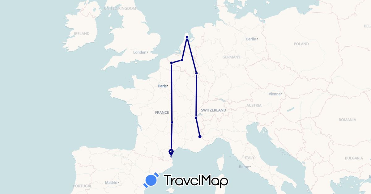 TravelMap itinerary: driving in Belgium, France, Luxembourg, Netherlands (Europe)